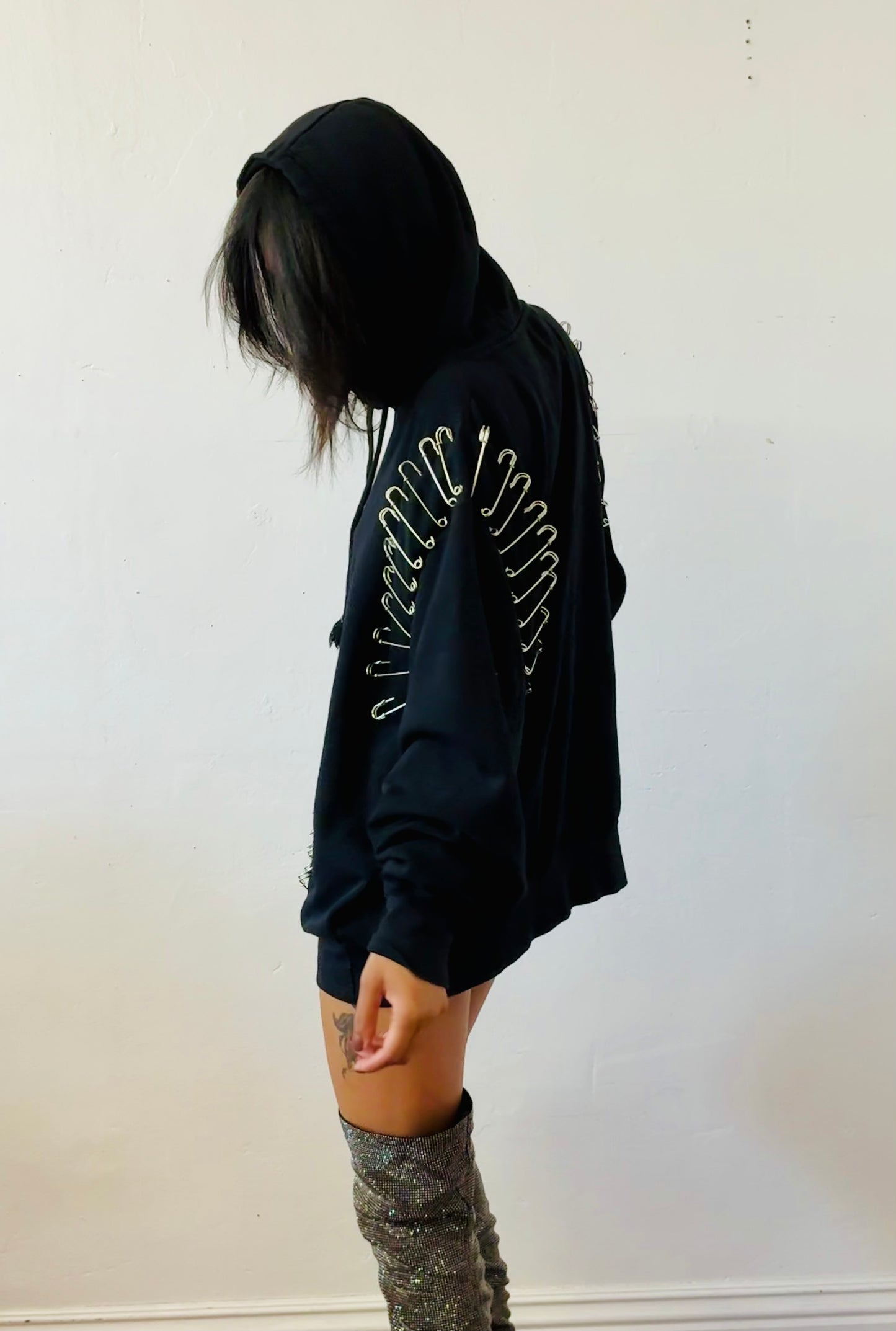 Ragtofab -Reworked Hoodie - Rhinestone flame - pins
