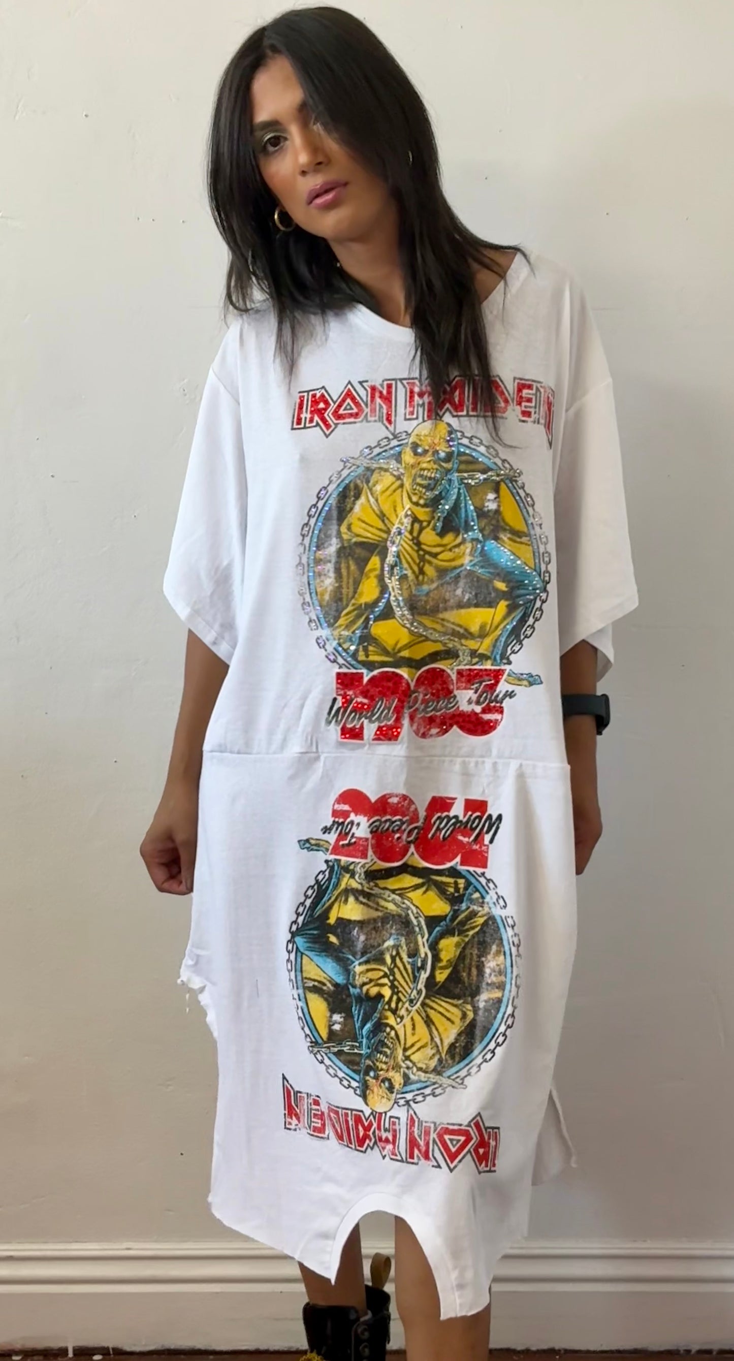 Reworked printed double shirt dress.