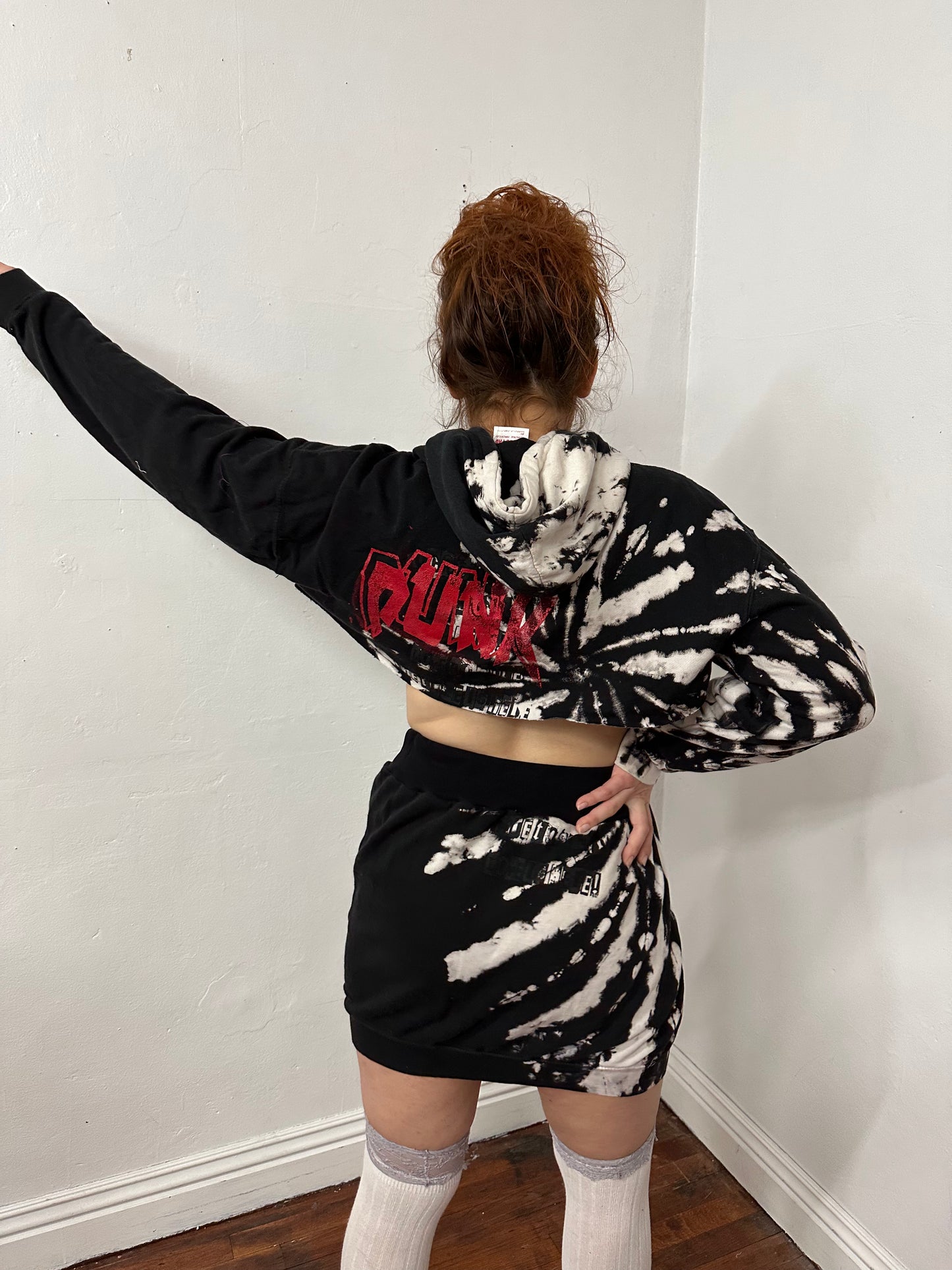 Reworked cropped hoodie into skirt set