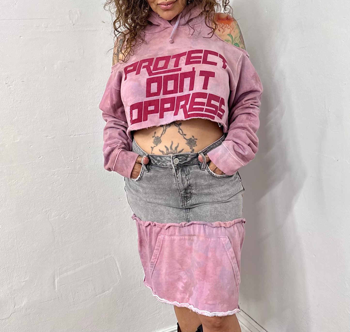 Purple and grey denim skirt