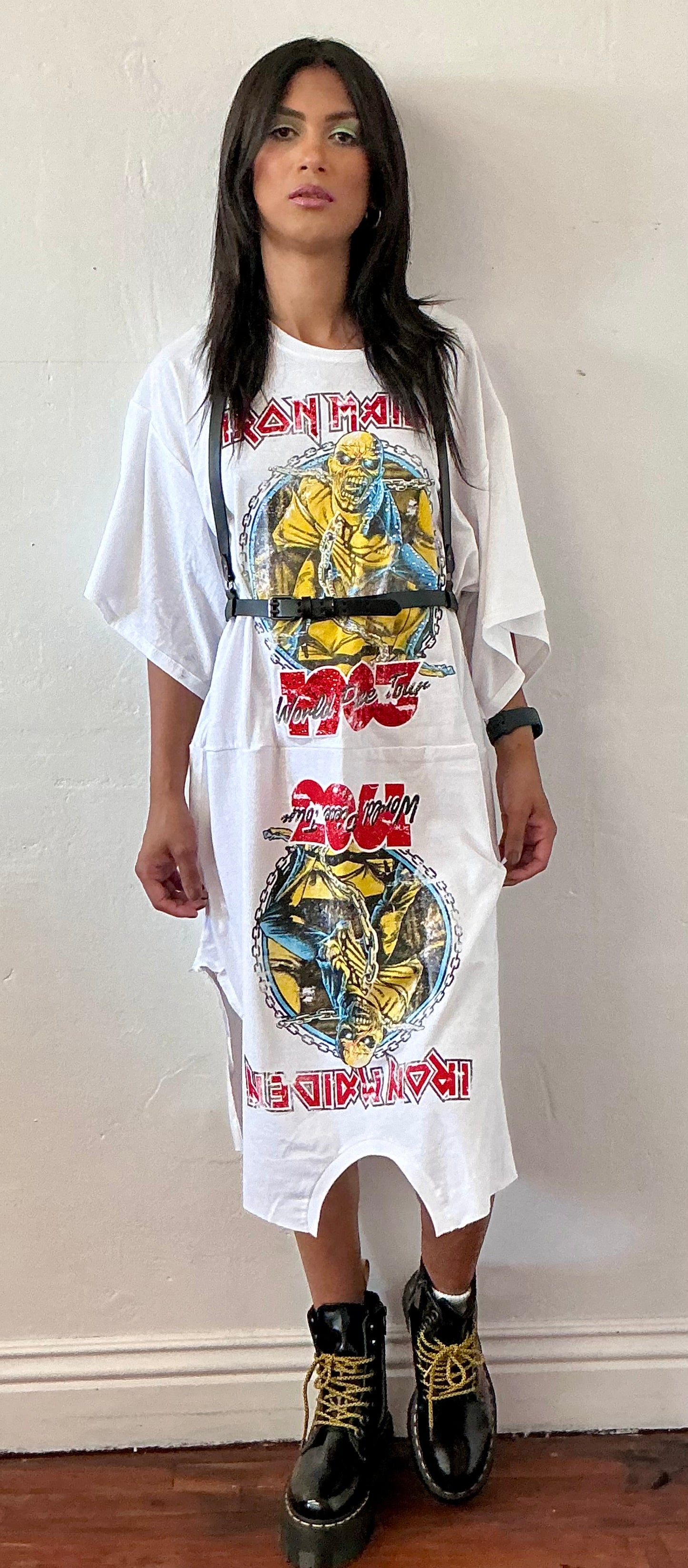 Reworked printed double shirt dress.