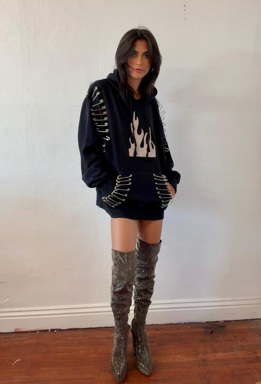 Ragtofab -Reworked Hoodie - Rhinestone flame - pins
