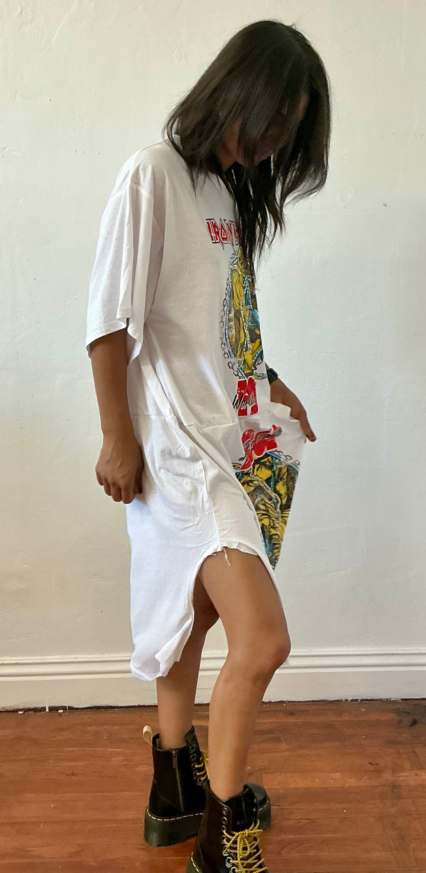 Reworked printed double shirt dress.