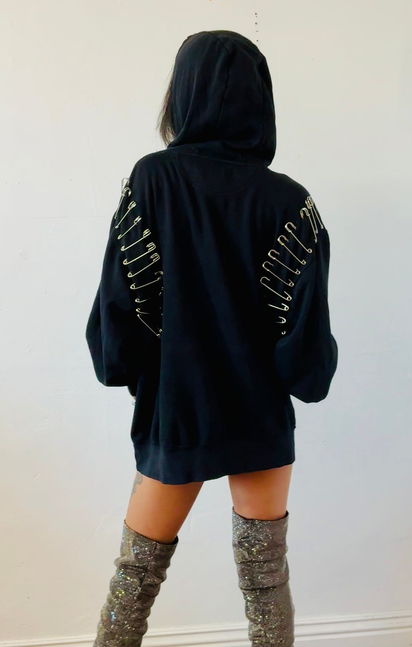 Ragtofab -Reworked Hoodie - Rhinestone flame - pins