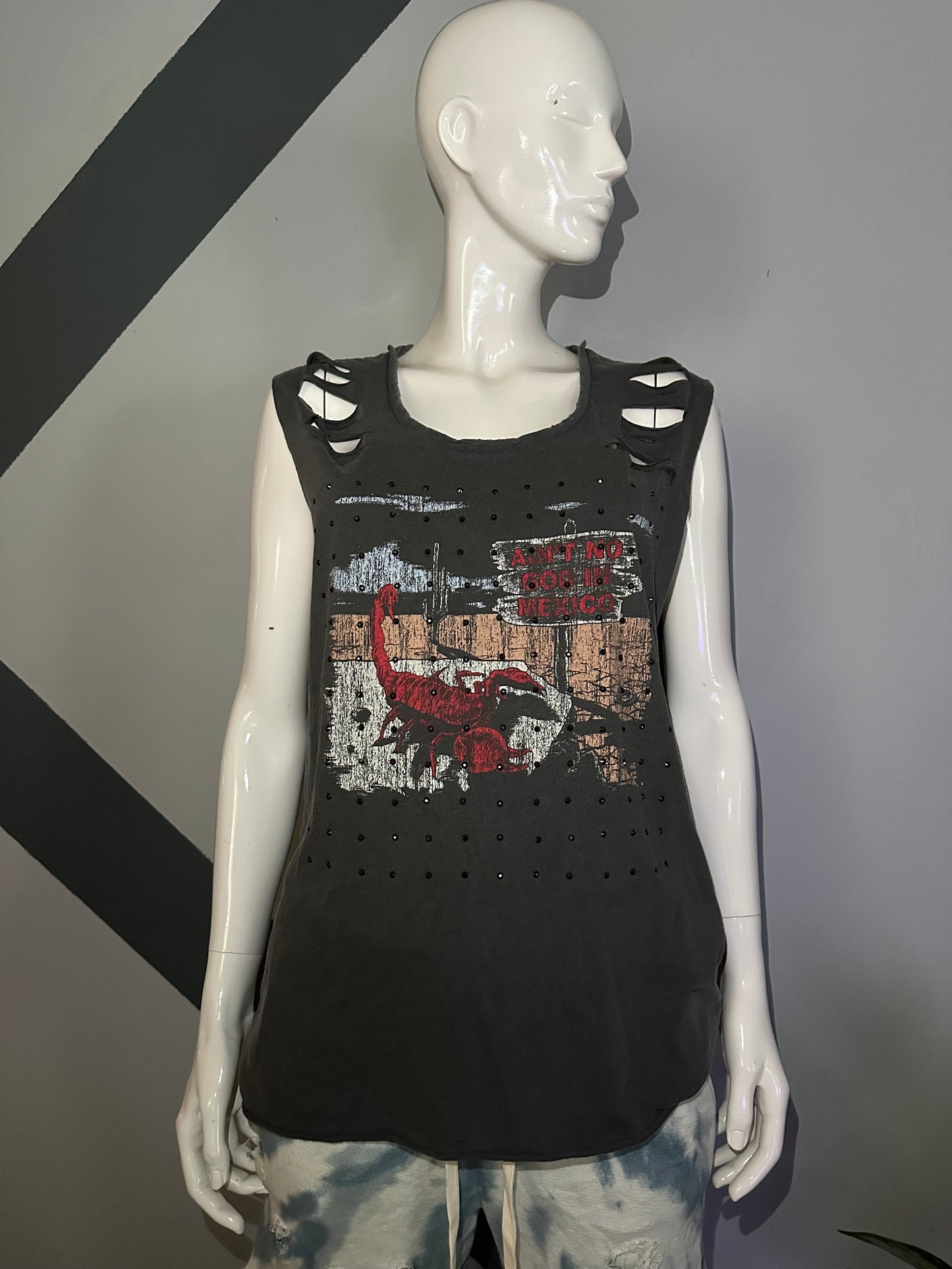 Rhinestone and print tank top