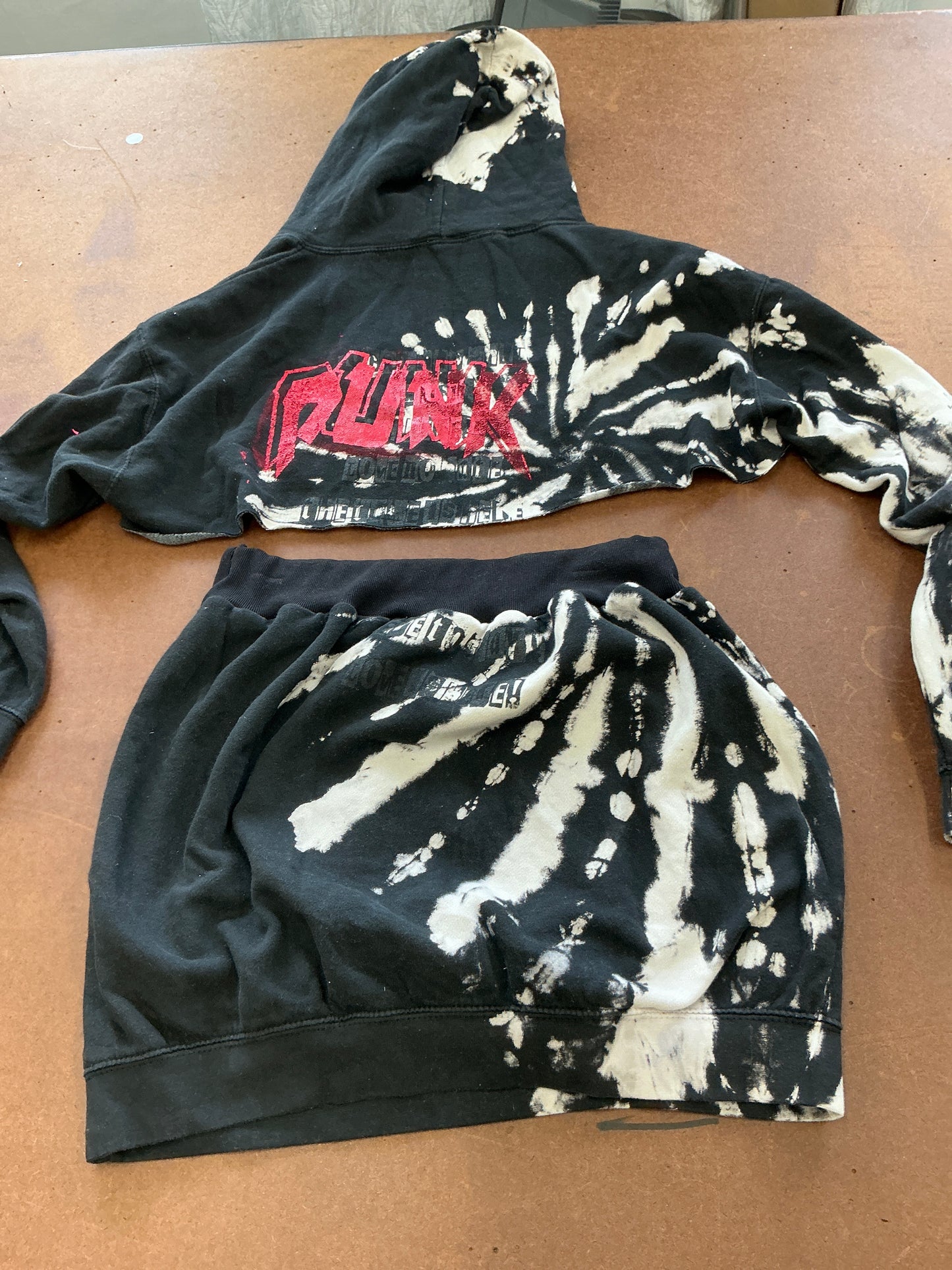 Reworked cropped hoodie into skirt set