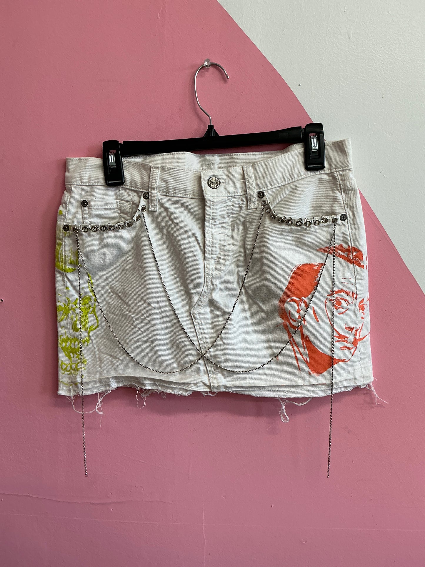 Reworked denim Mini skirt with screen print/ chains