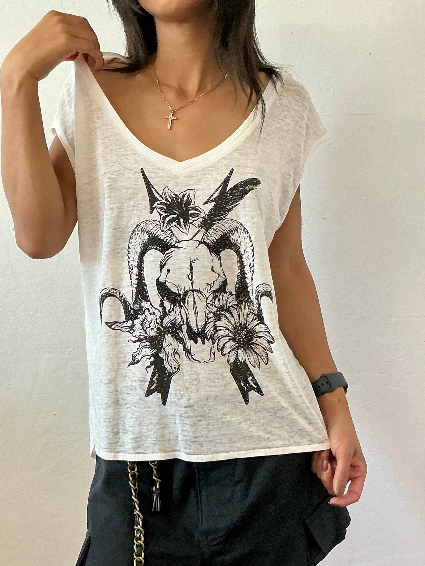 Rhinestone and print tank top