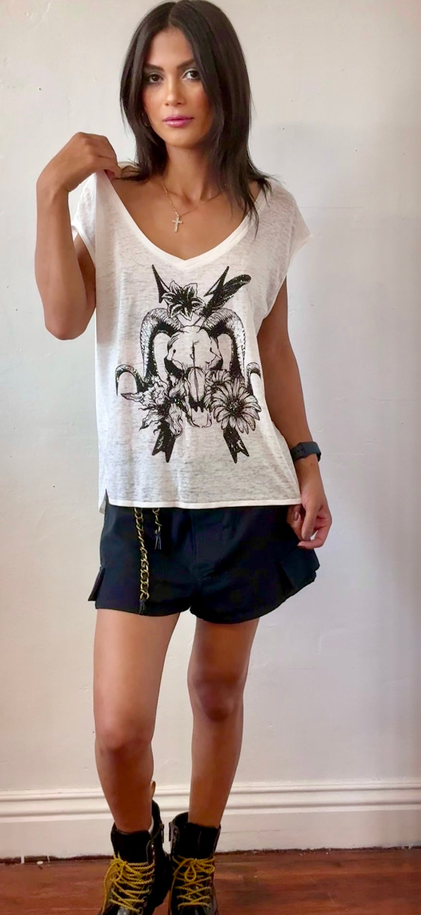 Rhinestone and print tank top