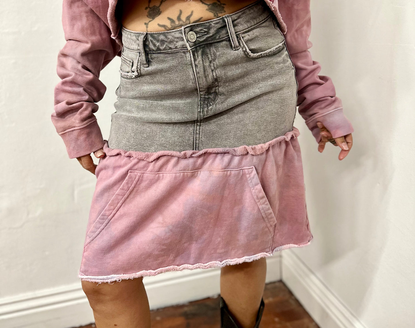 Purple and grey denim skirt