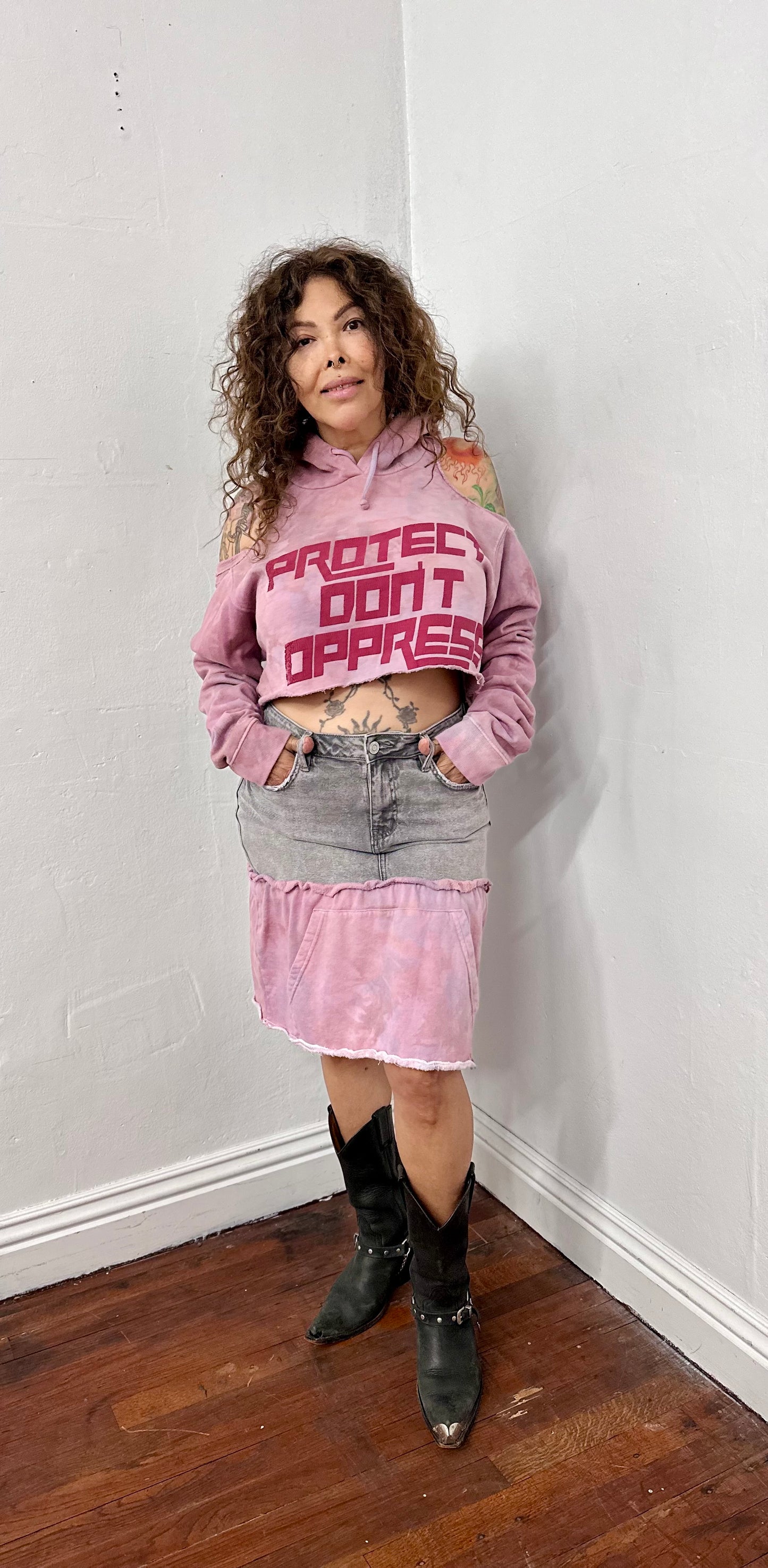 Purple and grey denim skirt