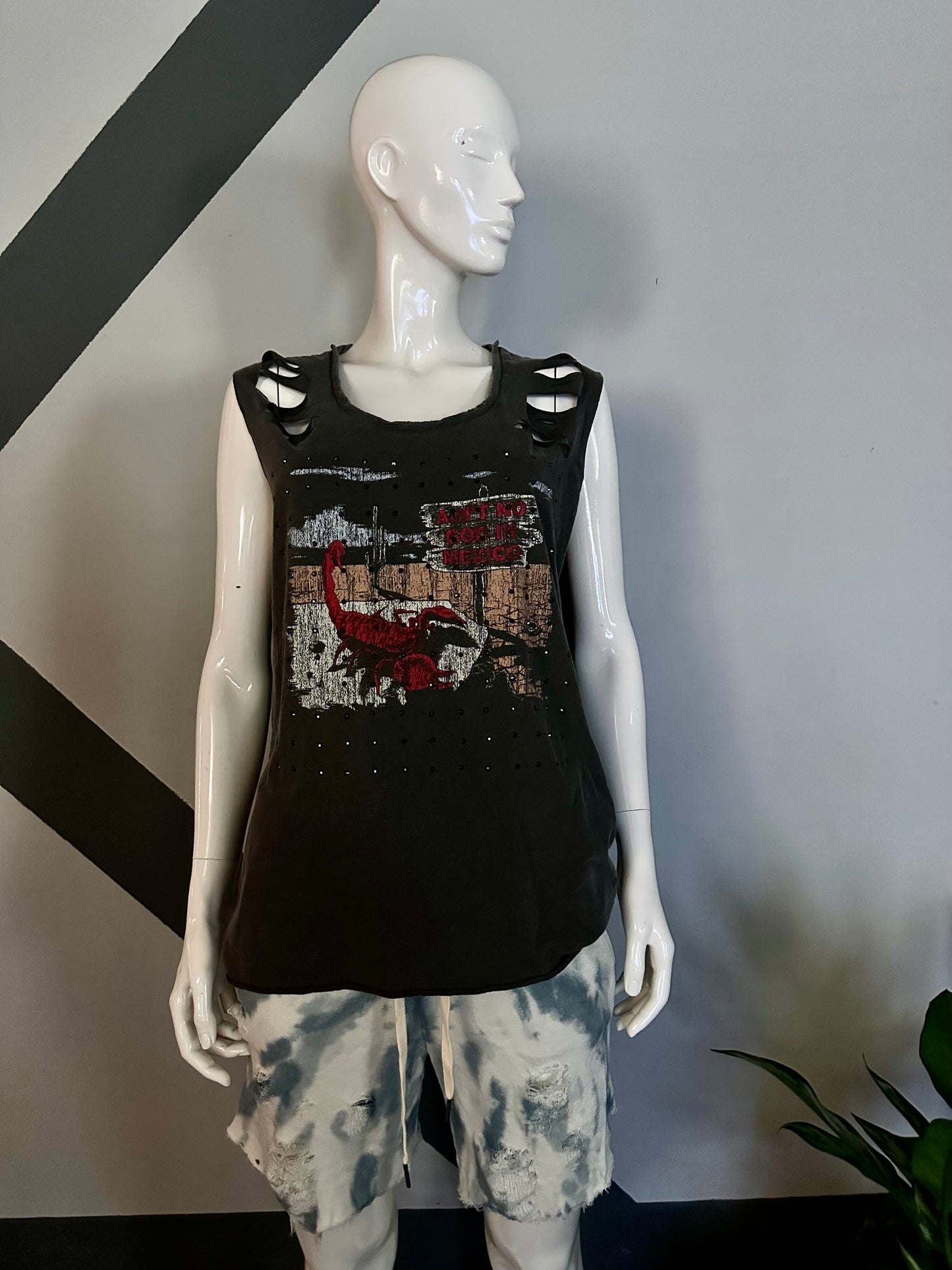 Rhinestone and print tank top